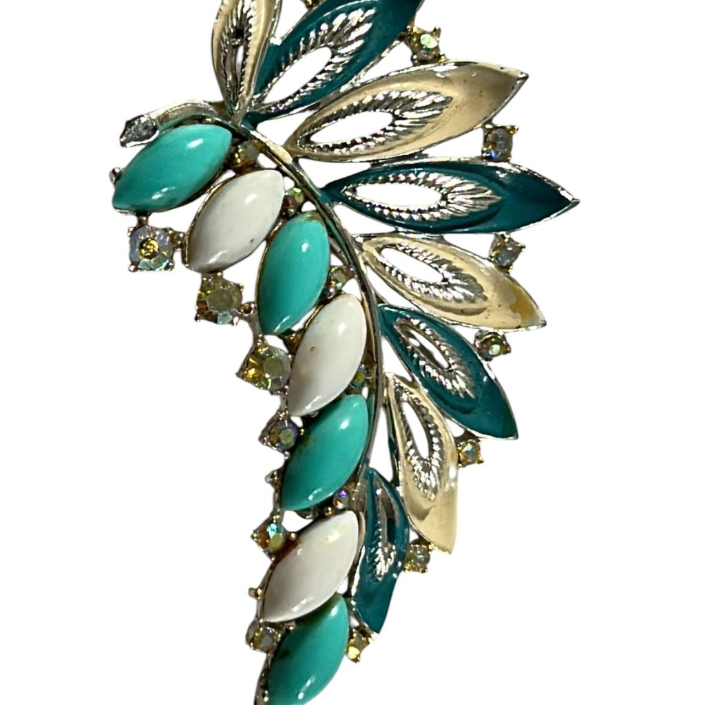 Vintage Art Aqua White Rhinestone Leaf Brooch Silver Tone Pin Enamel